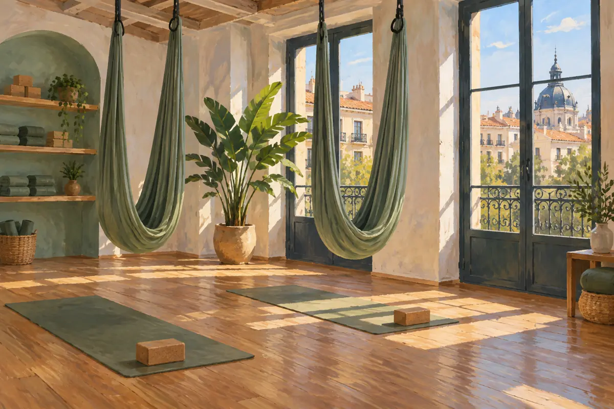 Ilustración de una sala luminosa con hamacas de yoga. No es una fotografía del producto o del centro.